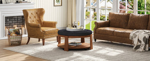 English Elm Modern Round Oversized Ottoman Coffee Table with Button Tufting, Waterproof Linen, Wheels & Lower Wood Shelf for Storage and Seating Black+Brown N735P180224B