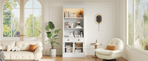 English Elm 83.4"Tall Modern Bookshelf Suite With Led Lighting - Stylish 2-Piece Storage For Home & Office Decor N751S059520K