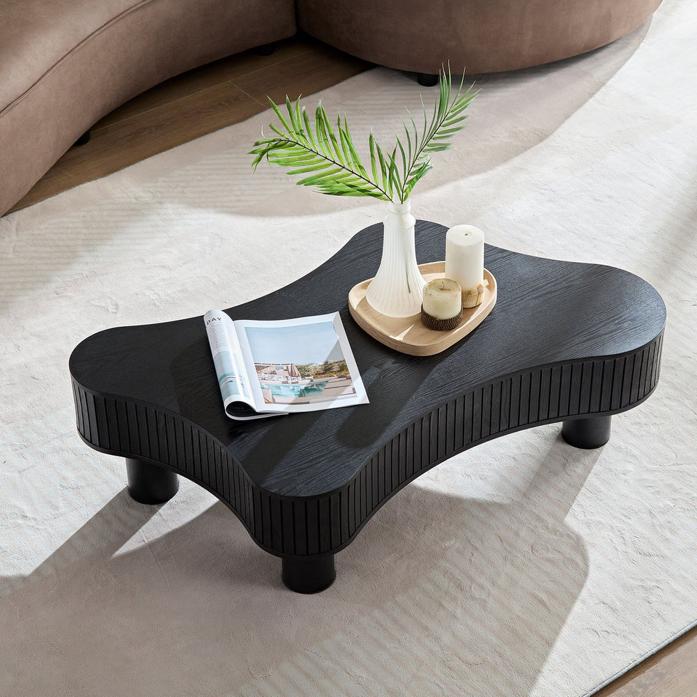 English Elm 42.52 Inch Modern Wooden Handcraft Drum Coffee Table with Irregular Shape, Sturdy Rubber Wood Legs, Easy Assembly Black W2582P251225
