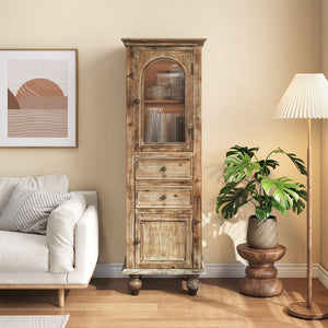 English Elm Farmhouse Freestanding Linen Cabinet Reeded Glass Arched Door Distressed Wood Storage Natural+Rustic W2295P462958