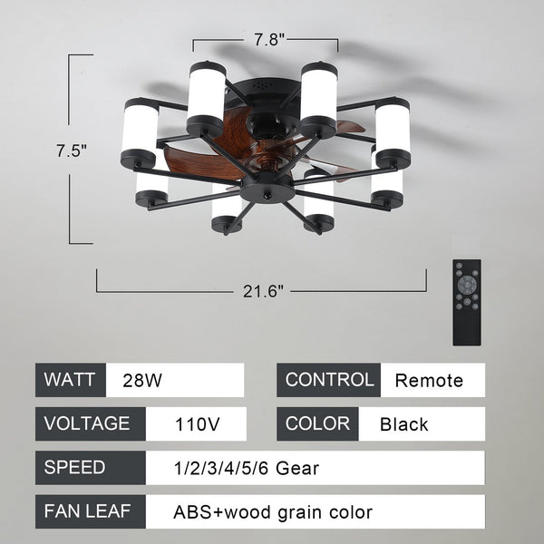 English Elm 21.7 Ceiling Fan Light Windmill Flush Mount with Dimmable LED, Remote, Timer, 6 Speeds, Black Wood-Blade W2312P374761