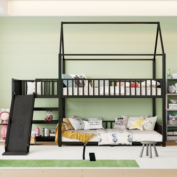 English Elm Full Metal House Bunk Bed with Slide Storage Stairs and Safety Rails for Kids W1580S00345