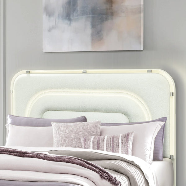 English Elm Nora Solid Wood King Bed with LED Headboard, Contemporary Geometric Legs and Rounded Edges Beige 88.5 L x 10.08 W x 3.15 H B201S00444
