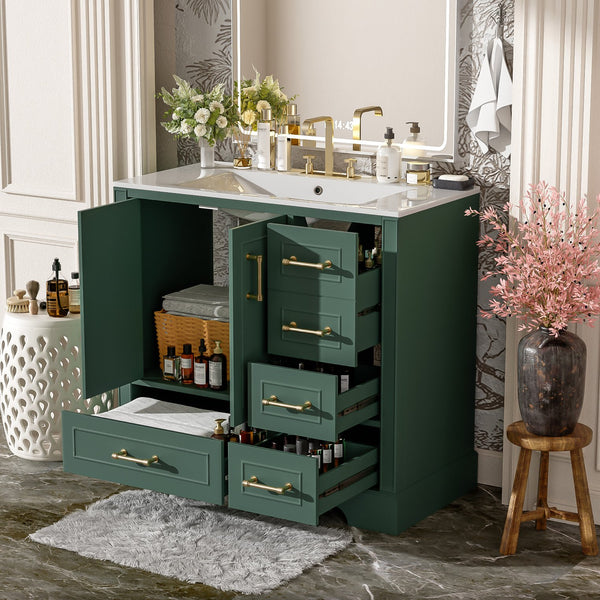 English Elm 36" Traditional Bathroom Vanity with Ceramic Sink, Solid Wood Cabinet, Soft-Close Doors & Drawers Green N729P251630F