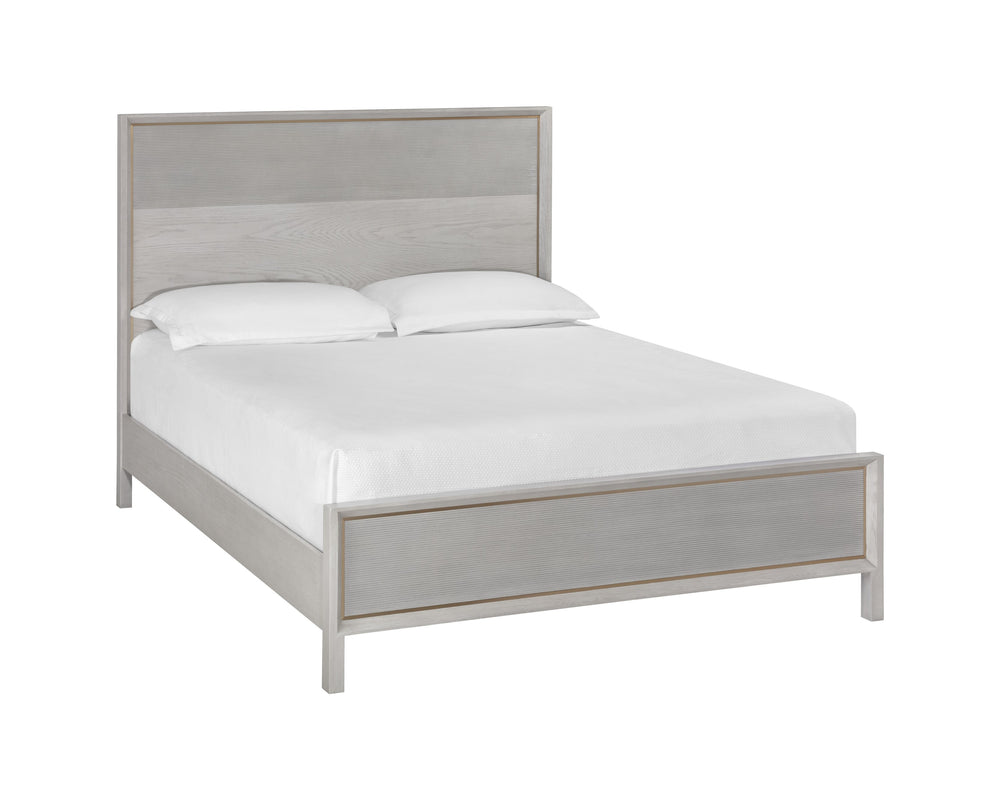 Sunpan Cordoba Queen Bed - Rustic Solid Oak with Pearl River Grey Finish & Gold Iron Inlay for Elegance