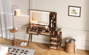 English Elm 47''Vintage Elegant Makeup Vanity with Lights and Mirror, 5-Drawer Rattan Design, Solid Wood Craftsmanship Dark Walnut 46 L x 27 W x 8 H N733P337468D