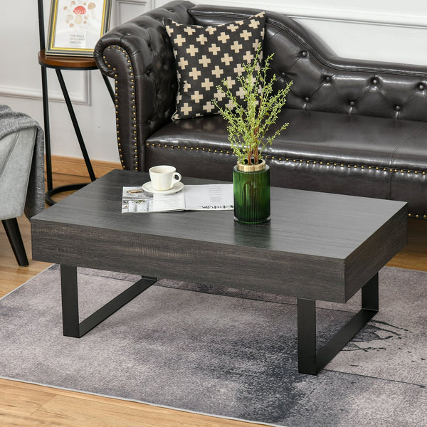English Elm HOMCOM Rustic Mid-Century Coffee Table with Large Drawer, Wood Grain Top & Metal Sled Legs, Dark Gray W2225P249726