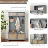 English Elm Clothes Hanger Hall Tree Storage Bench Shoe Rack For Entryway, Hall Tree With Bench and Shoe Storage, Hall Tree Entryway Bench With Rattan Door Gray, 40.16"W*18.58"D*64.17"H