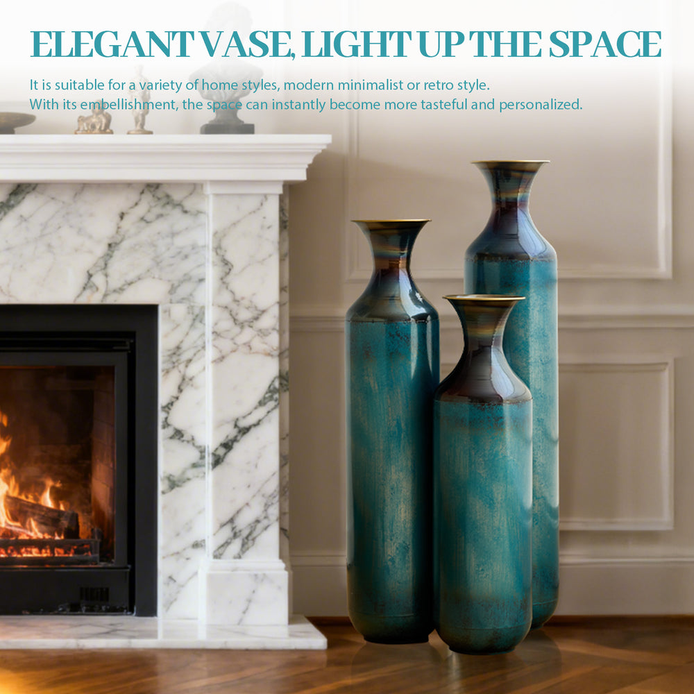 English Elm Floor Metal Vase Set - Modern 3-Piece Droplet Design For Stylish Home Decor, White & Gold Accents W2796P290478