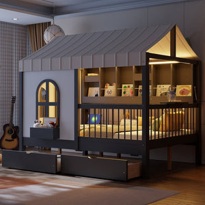 English Elm Full Size Kids House Bed with Led Bookshelf Storage Drawers and Charging Station Gray LP000378AAE