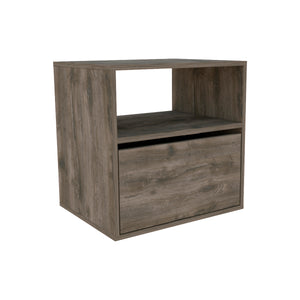 English Elm Nightstand With Open Shelf & Cabinet - Modern Dark Brown Storage Solution For Small Spaces B097132936