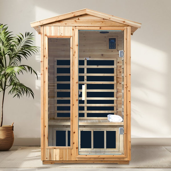 English Elm Two Person Old Fir Outdoor Far Infrared Sauna with Bluetooth and Lcd Controls W632S00010