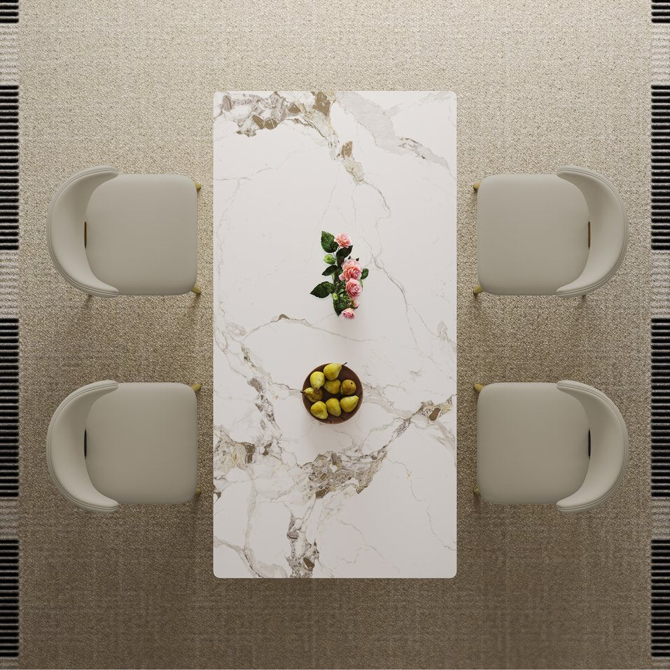 English Elm 71" Rectangular Dining Table with Sintered Stone Top and Gold-Plated Hourglass Base, Durable Modern Design for 6-8 Guests Gold+White W2700S00046