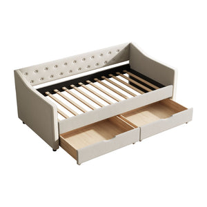 English Elm Twin Size Daybed With Storage Drawers - Elegant Beige Upholstered Sofa Bed With Tufted Design W2336S00031-GIGA