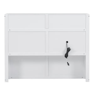 English Elm Wood Full Size Hydraulic Platform Bed with LED Headboard, Charging Station, Hidden Storage Drawers and Shelves White GX000371AAK