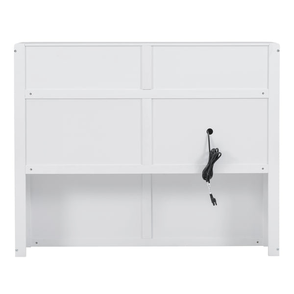 English Elm Wood Full Size Hydraulic Platform Bed with LED Headboard, Charging Station, Hidden Storage Drawers and Shelves White GX000371AAK