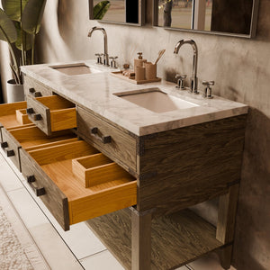 English Elm Grey Oak Double Bath Vanity With Carrara Marble Top, Soft-Close Drawers & Matching Mirrors, 65” W B2731S01637
