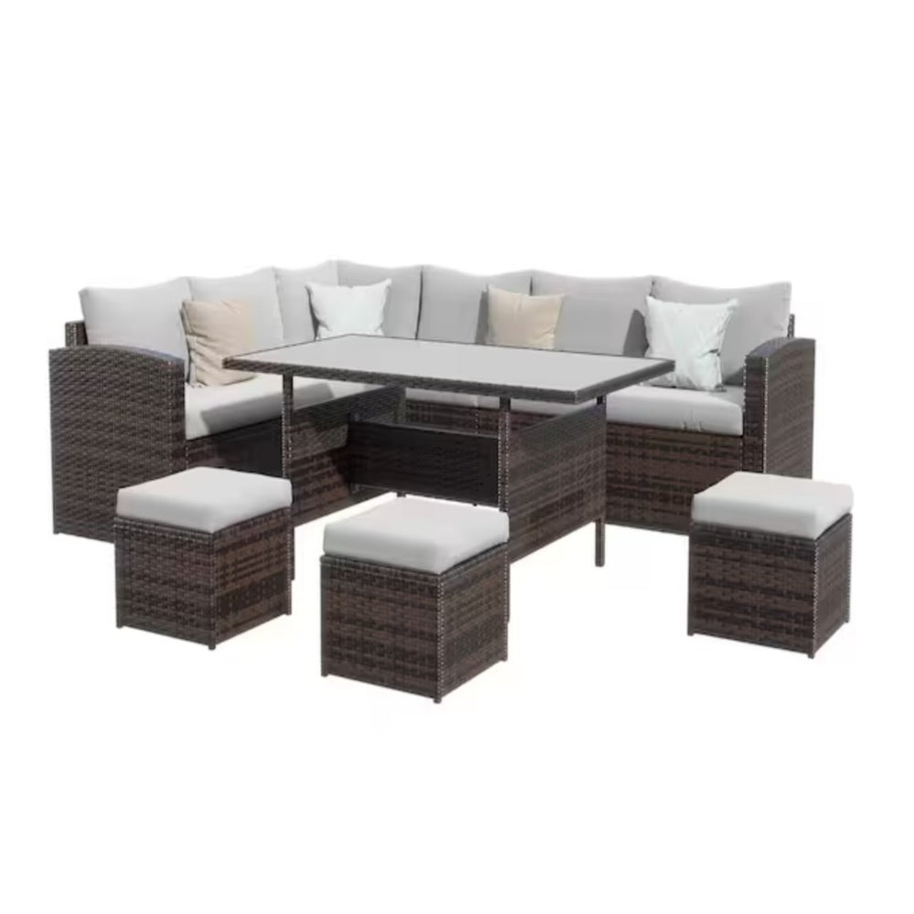English Elm 7 Piece Pe Rattan Outdoor Dining Set Seats Nine with Wpc Table and Modular Sofa Grey+Brown B082S00079