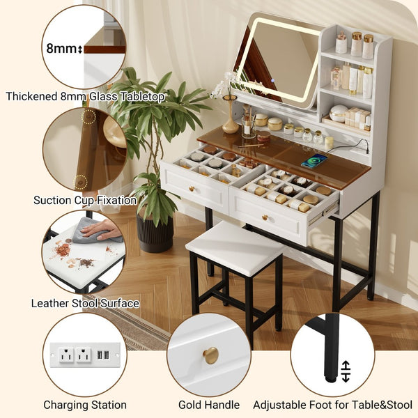 English Elm Makeup Vanity Set with Rotating Led Mirror Amber Glass Top Drawers and Charging Station N704P385441K