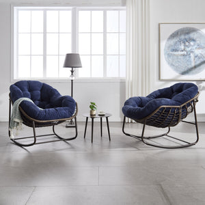 English Elm Outdoor Rattan Rocking Chair Oversized Hand-Woven Patio Egg Recliner with Plush Cushion Comfortably Rocking Navy Blue W640P271520