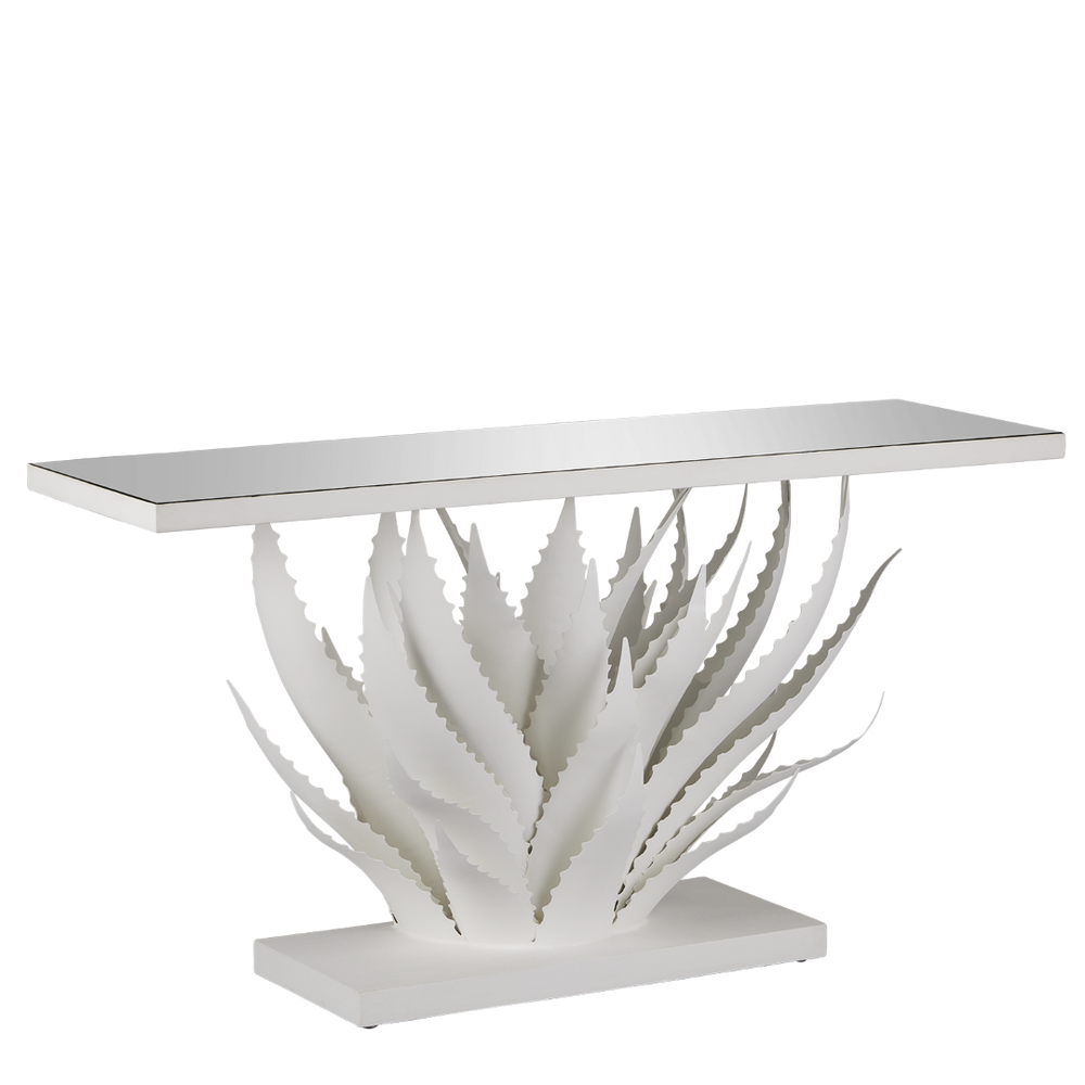 Agave White Console Table - Elegant Wrought Iron Design with Mirrored Top, Nature-Inspired Style
