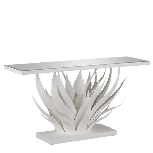 Agave White Console Table - Elegant Wrought Iron Design with Mirrored Top, Nature-Inspired Style