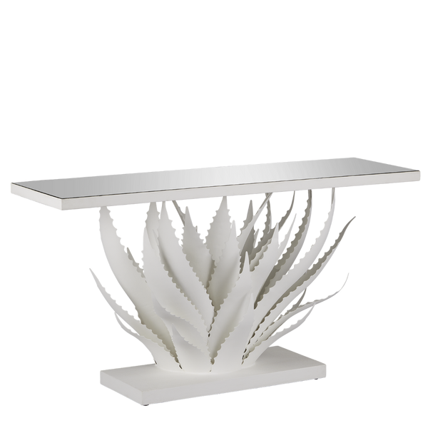 Agave White Console Table - Elegant Wrought Iron Design with Mirrored Top, Nature-Inspired Style