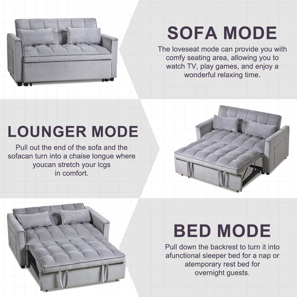 English Elm 3 Convertible Sleeper Sofa Bed Velvet Loveseat Futon with Pull-Out Bed, Adjustable Back, Storage Pockets Cement Grey W2121P179225