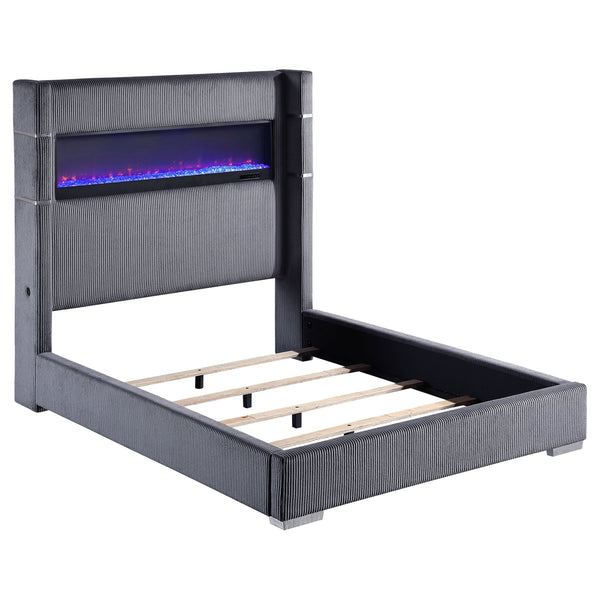 English Elm Haven Plush Grey Upholstered Queen Bed with Corduroy Texture and Remote-Control LED Flame Box Ambience B062P342729