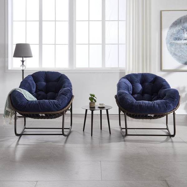 English Elm Outdoor Rattan Rocking Chair Oversized Hand-Woven Patio Egg Recliner with Plush Cushion Comfortably Rocking Navy Blue W640P271520