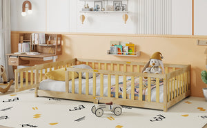 English Elm Twin Size Floor Bed With Safety Fence And Door – Eco-Friendly Rubber Wood, Low-Profile Design For Kids W504P286374-GIGA