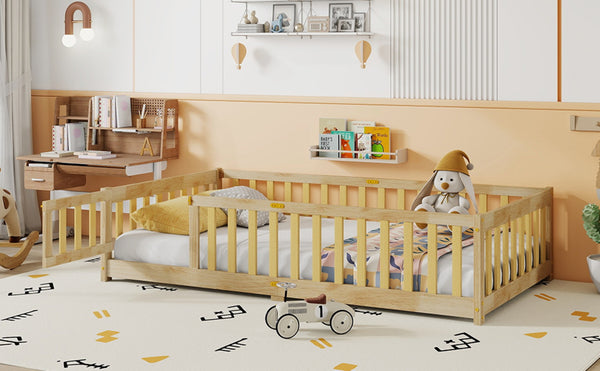 English Elm Twin Size Floor Bed With Safety Fence And Door – Eco-Friendly Rubber Wood, Low-Profile Design For Kids W504P286374-GIGA