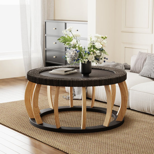 English Elm 35.43"vintage Woven Rattan Round Coffee Table Curved Wood Legs Boho Living Room W757P445115