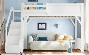 English Elm Twin Low Loft Bed Solid Pine Frame Kids Study Desk Blackboard Storage White Light White W1580S00466