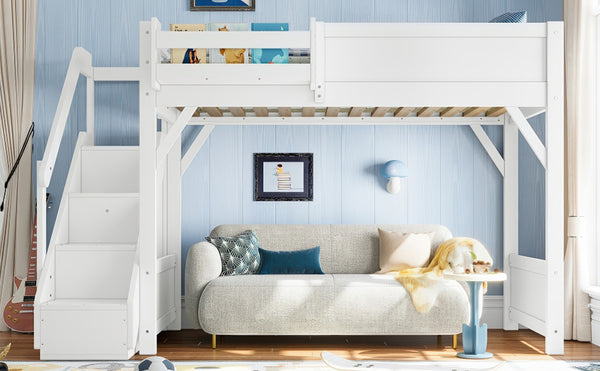 English Elm Twin Low Loft Bed Solid Pine Frame Kids Study Desk Blackboard Storage White Light White W1580S00466