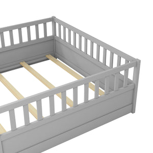 English Elm Full Montessori Floor Bed Frame With High-Security Barrier & Clockwise Door - Cozy Gray Design W1858P164944