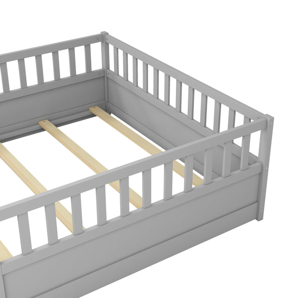 English Elm Full Montessori Floor Bed Frame With High-Security Barrier & Clockwise Door - Cozy Gray Design W1858P164944