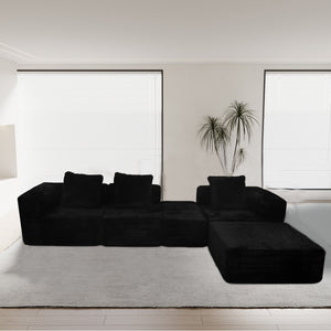 English Elm Modular Plush Velvet Sectional Sofa 4-Seat Cloud Couch with Oversized Chaise, Stain-Resistant Comfort Black W3341P346293