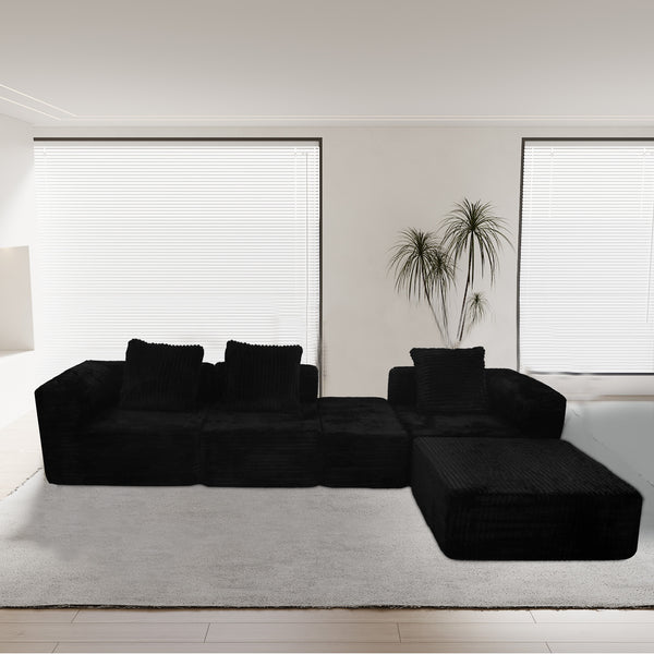 English Elm Modular Plush Velvet Sectional Sofa 4-Seat Cloud Couch with Oversized Chaise, Stain-Resistant Comfort Black W3341P346293