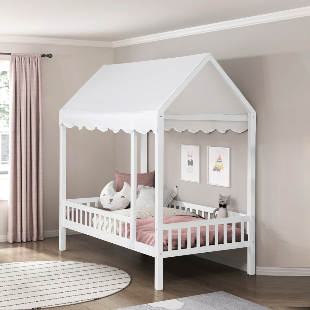 English Elm Gray Finish Canopy Platform Bed Scalloped Fabric Cover Solid Wood Twin Frame White B011P463889