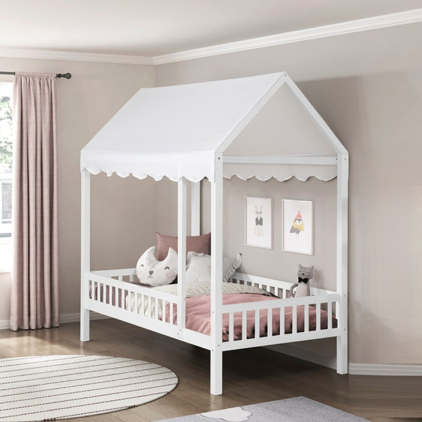 English Elm Gray Finish Canopy Platform Bed Scalloped Fabric Cover Solid Wood Twin Frame White B011P463889