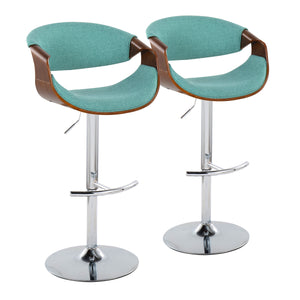 English Elm Curvo Mid-Century Modern Adjustable Barstool Set Of 2 With Chrome Base, Teal Fabric & Walnut Wood B202S00808