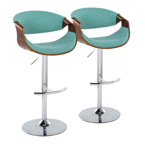 English Elm Curvo Mid-Century Modern Adjustable Barstool Set Of 2 With Chrome Base, Teal Fabric & Walnut Wood B202S00808