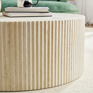 English Elm Faux Round Faux Travertine Coffee Table 35.4" Diameter with Handcrafted Relief Design, No Assembly Needed W876P362386