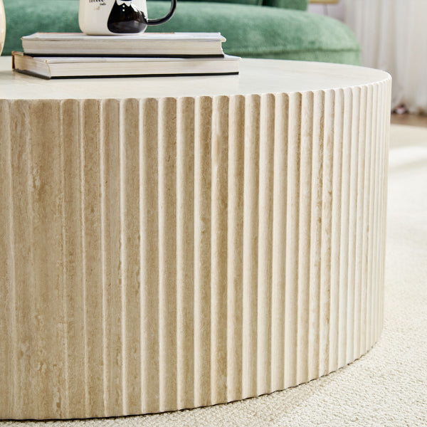 English Elm Faux Round Faux Travertine Coffee Table 35.4" Diameter with Handcrafted Relief Design, No Assembly Needed W876P362386