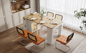 English Elm TREXM Extendable Dining Table with LED Light Strip, Built-In USB/Type-C Outlet, Rolling Space-Saver Cabinet Cream White,Natural XW000024AAK