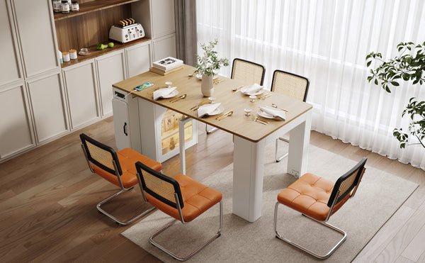 English Elm TREXM Extendable Dining Table with LED Light Strip, Built-In USB/Type-C Outlet, Rolling Space-Saver Cabinet Cream White,Natural XW000024AAK