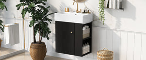 English Elm 21.6 inch Modern Floating Bathroom Vanity with Ceramic Basin, Wave Door, Rose Gold Handle Black N729P170388B