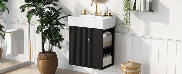 English Elm 21.6 inch Modern Floating Bathroom Vanity with Ceramic Basin, Wave Door, Rose Gold Handle Black N729P170388B