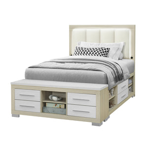 English Elm EMILIA Full Bed with Bookcase Headboard, LED Lighting, Underbed Drawer & Side Rail Storage System Natural+White 65.28 L x 39.45 W x 4.96 H B201S00379